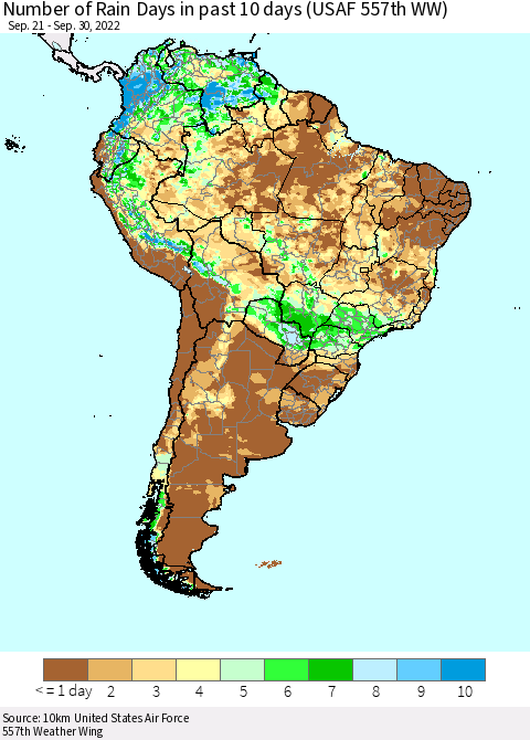 South America Number of Rain Days in past 10 days (USAF 557th WW) Thematic Map For 9/26/2022 - 9/30/2022