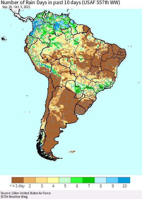 South America Number of Rain Days in past 10 days (USAF 557th WW) Thematic Map For 10/1/2022 - 10/5/2022