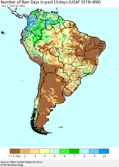 South America Number of Rain Days in past 10 days (USAF 557th WW) Thematic Map For 10/6/2022 - 10/10/2022