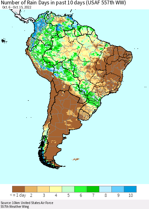 South America Number of Rain Days in past 10 days (USAF 557th WW) Thematic Map For 10/11/2022 - 10/15/2022