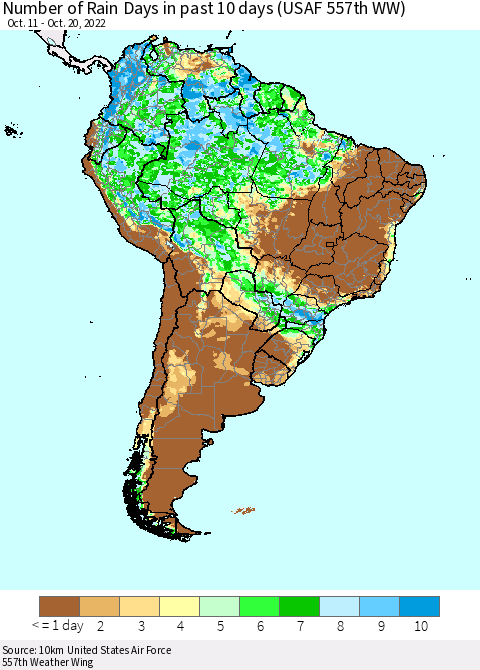 South America Number of Rain Days in past 10 days (USAF 557th WW) Thematic Map For 10/16/2022 - 10/20/2022