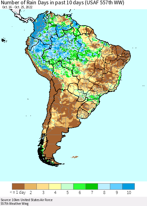 South America Number of Rain Days in past 10 days (USAF 557th WW) Thematic Map For 10/21/2022 - 10/25/2022