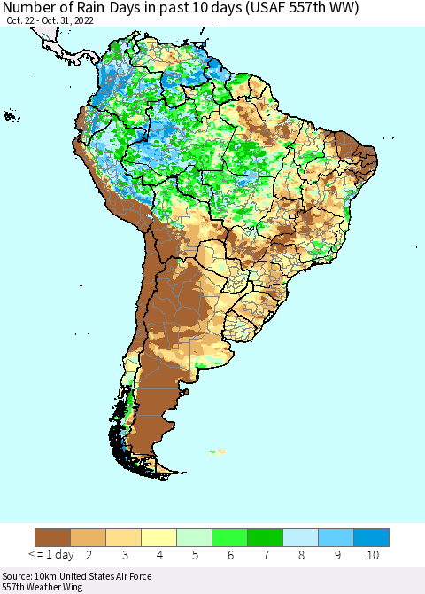 South America Number of Rain Days in past 10 days (USAF 557th WW) Thematic Map For 10/26/2022 - 10/31/2022
