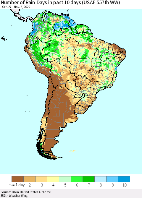 South America Number of Rain Days in past 10 days (USAF 557th WW) Thematic Map For 11/1/2022 - 11/5/2022