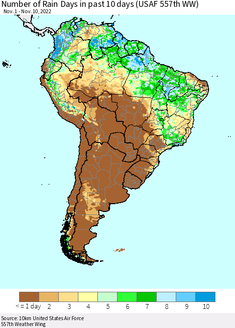 South America Number of Rain Days in past 10 days (USAF 557th WW) Thematic Map For 11/6/2022 - 11/10/2022
