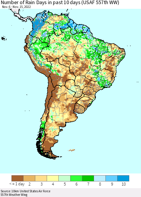 South America Number of Rain Days in past 10 days (USAF 557th WW) Thematic Map For 11/11/2022 - 11/15/2022