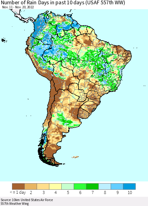 South America Number of Rain Days in past 10 days (USAF 557th WW) Thematic Map For 11/16/2022 - 11/20/2022
