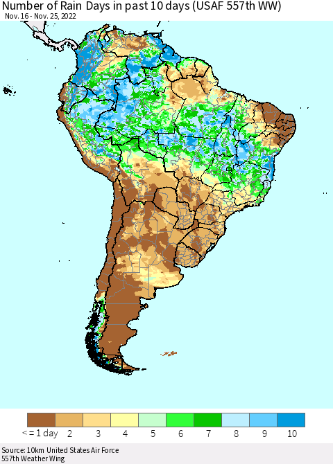 South America Number of Rain Days in past 10 days (USAF 557th WW) Thematic Map For 11/21/2022 - 11/25/2022