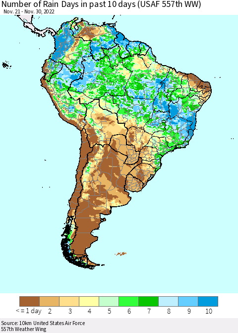 South America Number of Rain Days in past 10 days (USAF 557th WW) Thematic Map For 11/26/2022 - 11/30/2022