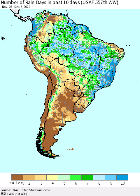 South America Number of Rain Days in past 10 days (USAF 557th WW) Thematic Map For 12/1/2022 - 12/5/2022