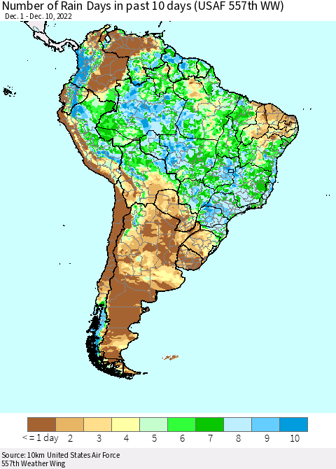 South America Number of Rain Days in past 10 days (USAF 557th WW) Thematic Map For 12/6/2022 - 12/10/2022