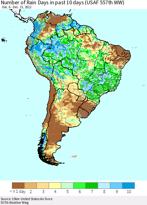 South America Number of Rain Days in past 10 days (USAF 557th WW) Thematic Map For 12/11/2022 - 12/15/2022