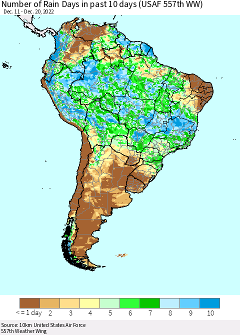 South America Number of Rain Days in past 10 days (USAF 557th WW) Thematic Map For 12/16/2022 - 12/20/2022