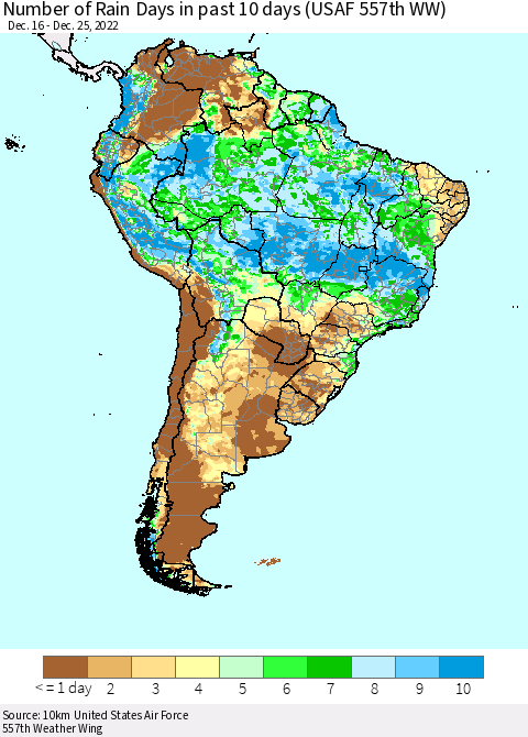 South America Number of Rain Days in past 10 days (USAF 557th WW) Thematic Map For 12/21/2022 - 12/25/2022