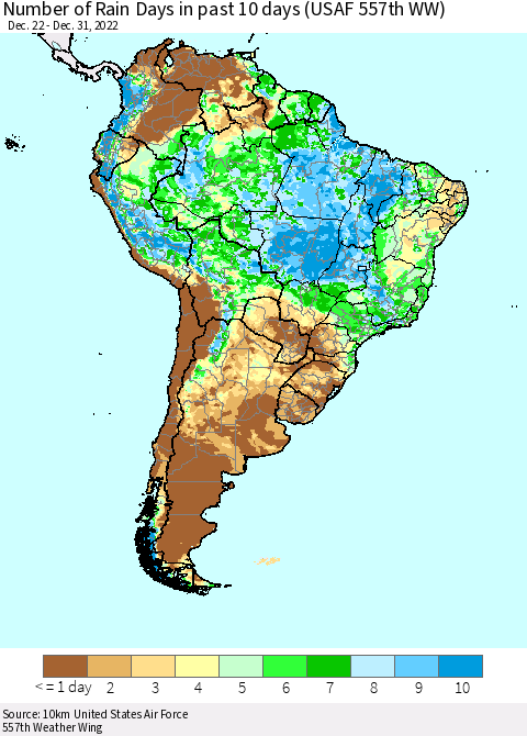 South America Number of Rain Days in past 10 days (USAF 557th WW) Thematic Map For 12/26/2022 - 12/31/2022