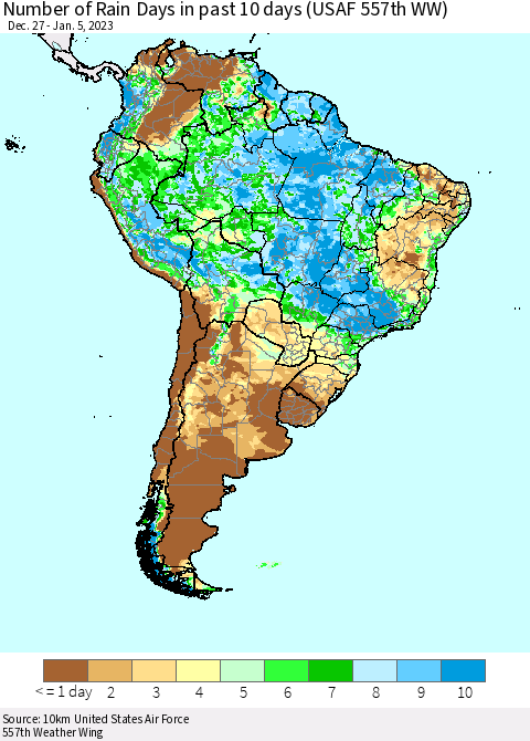 South America Number of Rain Days in past 10 days (USAF 557th WW) Thematic Map For 1/1/2023 - 1/5/2023