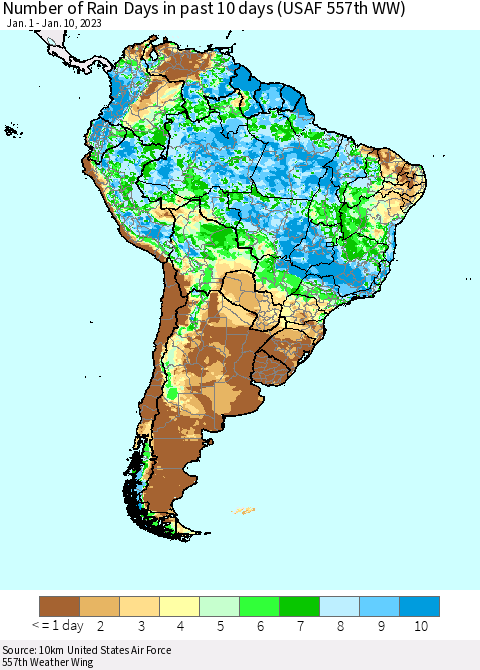 South America Number of Rain Days in past 10 days (USAF 557th WW) Thematic Map For 1/6/2023 - 1/10/2023