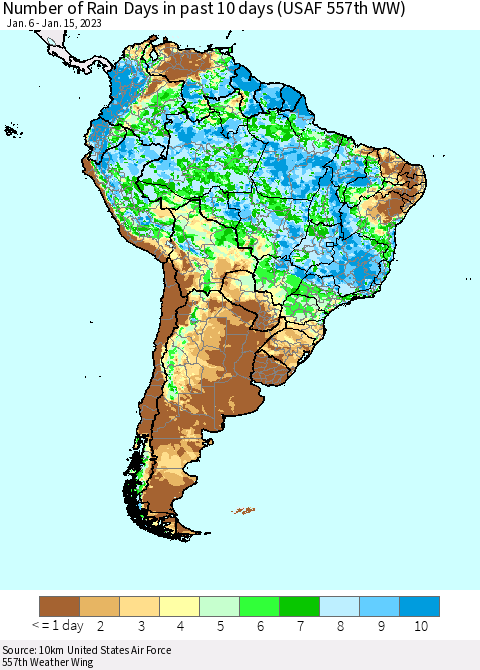 South America Number of Rain Days in past 10 days (USAF 557th WW) Thematic Map For 1/11/2023 - 1/15/2023