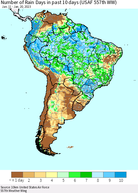 South America Number of Rain Days in past 10 days (USAF 557th WW) Thematic Map For 1/16/2023 - 1/20/2023