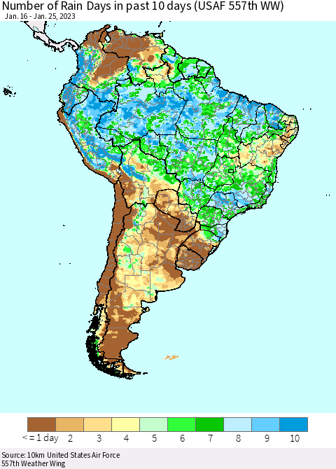 South America Number of Rain Days in past 10 days (USAF 557th WW) Thematic Map For 1/21/2023 - 1/25/2023