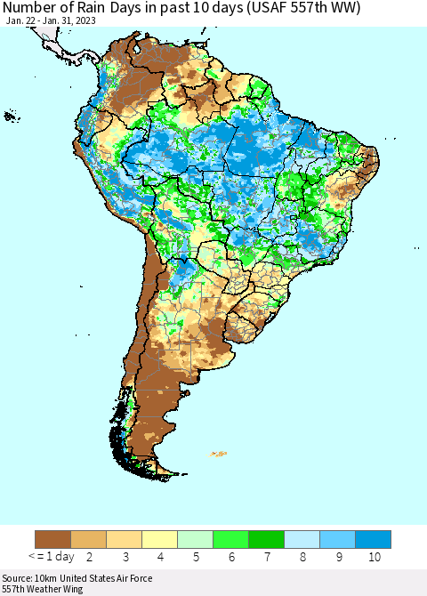 South America Number of Rain Days in past 10 days (USAF 557th WW) Thematic Map For 1/26/2023 - 1/31/2023