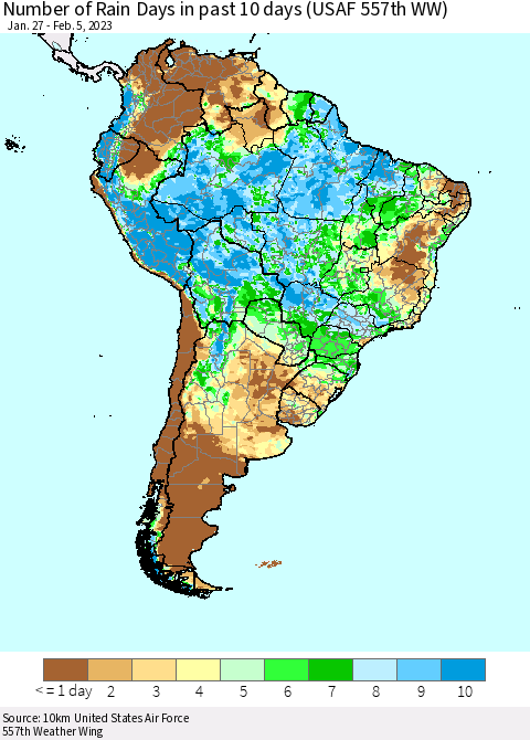 South America Number of Rain Days in past 10 days (USAF 557th WW) Thematic Map For 2/1/2023 - 2/5/2023
