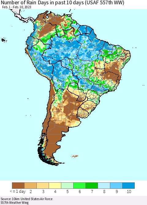 South America Number of Rain Days in past 10 days (USAF 557th WW) Thematic Map For 2/6/2023 - 2/10/2023