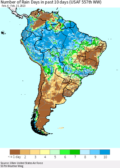 South America Number of Rain Days in past 10 days (USAF 557th WW) Thematic Map For 2/11/2023 - 2/15/2023