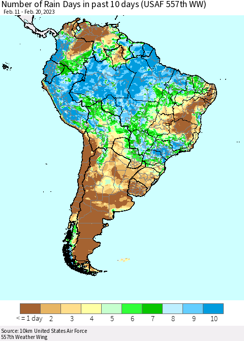 South America Number of Rain Days in past 10 days (USAF 557th WW) Thematic Map For 2/16/2023 - 2/20/2023