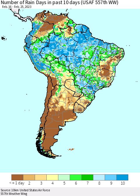 South America Number of Rain Days in past 10 days (USAF 557th WW) Thematic Map For 2/21/2023 - 2/25/2023
