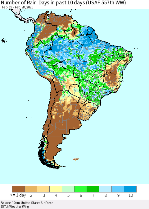 South America Number of Rain Days in past 10 days (USAF 557th WW) Thematic Map For 2/26/2023 - 2/28/2023