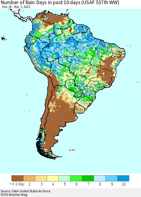 South America Number of Rain Days in past 10 days (USAF 557th WW) Thematic Map For 3/1/2023 - 3/5/2023