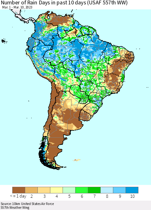 South America Number of Rain Days in past 10 days (USAF 557th WW) Thematic Map For 3/6/2023 - 3/10/2023