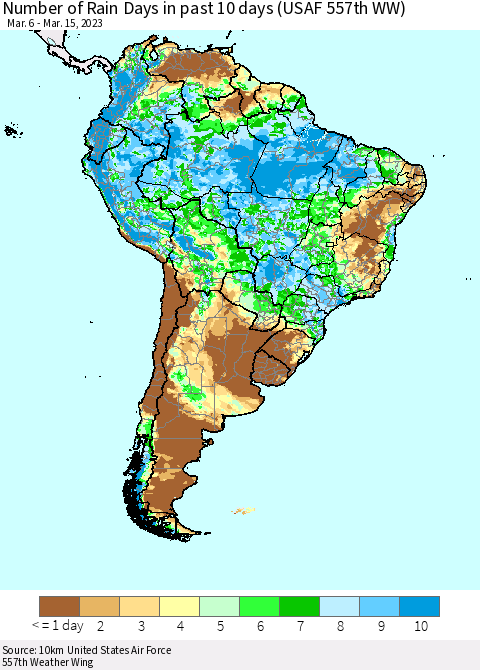 South America Number of Rain Days in past 10 days (USAF 557th WW) Thematic Map For 3/11/2023 - 3/15/2023