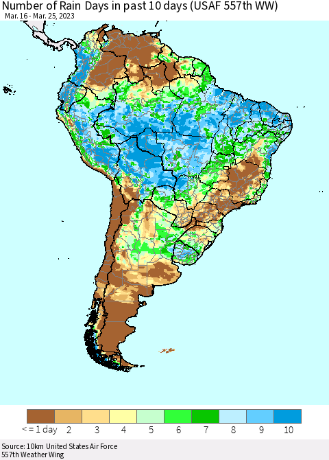 South America Number of Rain Days in past 10 days (USAF 557th WW) Thematic Map For 3/21/2023 - 3/25/2023