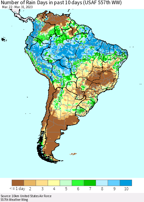 South America Number of Rain Days in past 10 days (USAF 557th WW) Thematic Map For 3/26/2023 - 3/31/2023