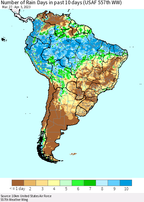 South America Number of Rain Days in past 10 days (USAF 557th WW) Thematic Map For 4/1/2023 - 4/5/2023
