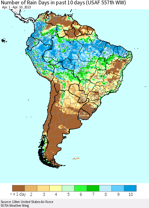 South America Number of Rain Days in past 10 days (USAF 557th WW) Thematic Map For 4/6/2023 - 4/10/2023