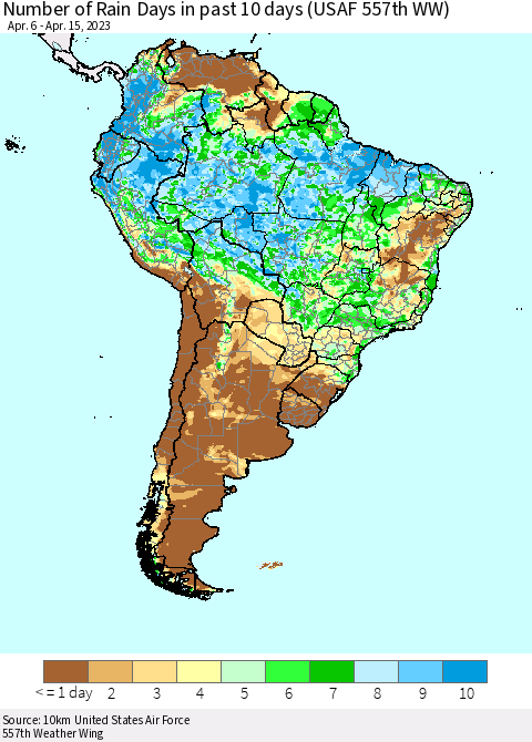 South America Number of Rain Days in past 10 days (USAF 557th WW) Thematic Map For 4/11/2023 - 4/15/2023