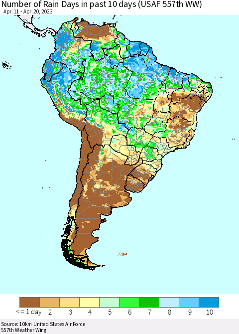 South America Number of Rain Days in past 10 days (USAF 557th WW) Thematic Map For 4/16/2023 - 4/20/2023