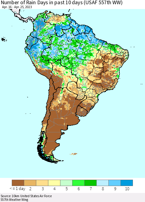 South America Number of Rain Days in past 10 days (USAF 557th WW) Thematic Map For 4/21/2023 - 4/25/2023