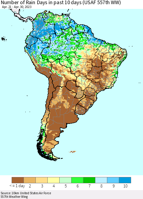 South America Number of Rain Days in past 10 days (USAF 557th WW) Thematic Map For 4/26/2023 - 4/30/2023
