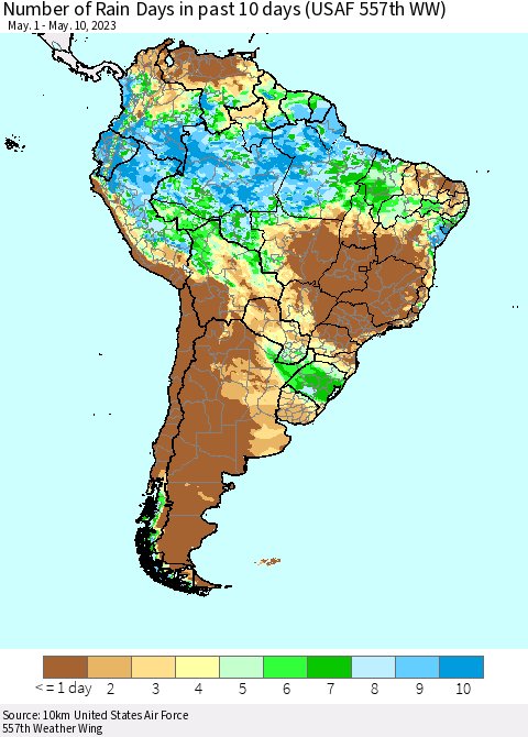 South America Number of Rain Days in past 10 days (USAF 557th WW) Thematic Map For 5/6/2023 - 5/10/2023