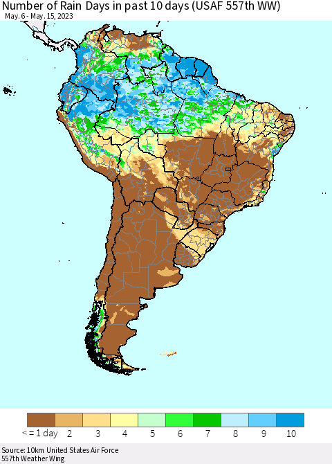 South America Number of Rain Days in past 10 days (USAF 557th WW) Thematic Map For 5/11/2023 - 5/15/2023