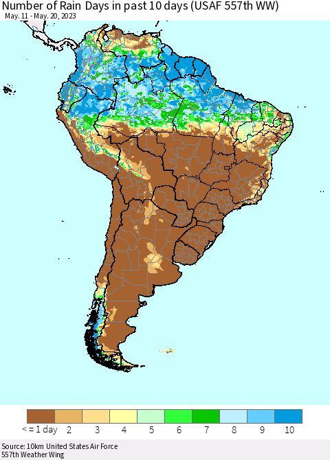 South America Number of Rain Days in past 10 days (USAF 557th WW) Thematic Map For 5/16/2023 - 5/20/2023