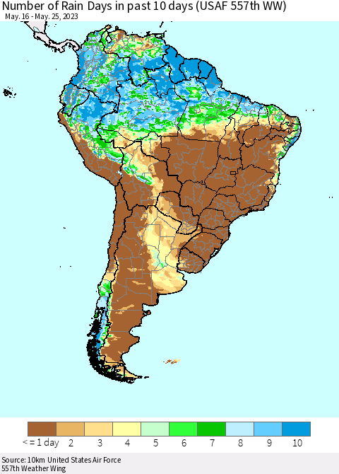 South America Number of Rain Days in past 10 days (USAF 557th WW) Thematic Map For 5/21/2023 - 5/25/2023