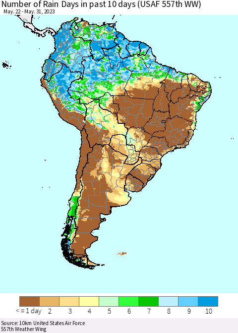 South America Number of Rain Days in past 10 days (USAF 557th WW) Thematic Map For 5/26/2023 - 5/31/2023