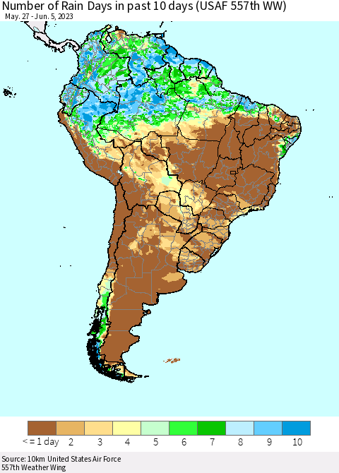 South America Number of Rain Days in past 10 days (USAF 557th WW) Thematic Map For 6/1/2023 - 6/5/2023