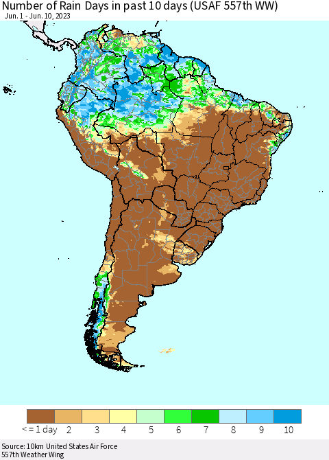 South America Number of Rain Days in past 10 days (USAF 557th WW) Thematic Map For 6/6/2023 - 6/10/2023