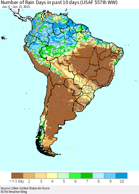 South America Number of Rain Days in past 10 days (USAF 557th WW) Thematic Map For 6/11/2023 - 6/15/2023